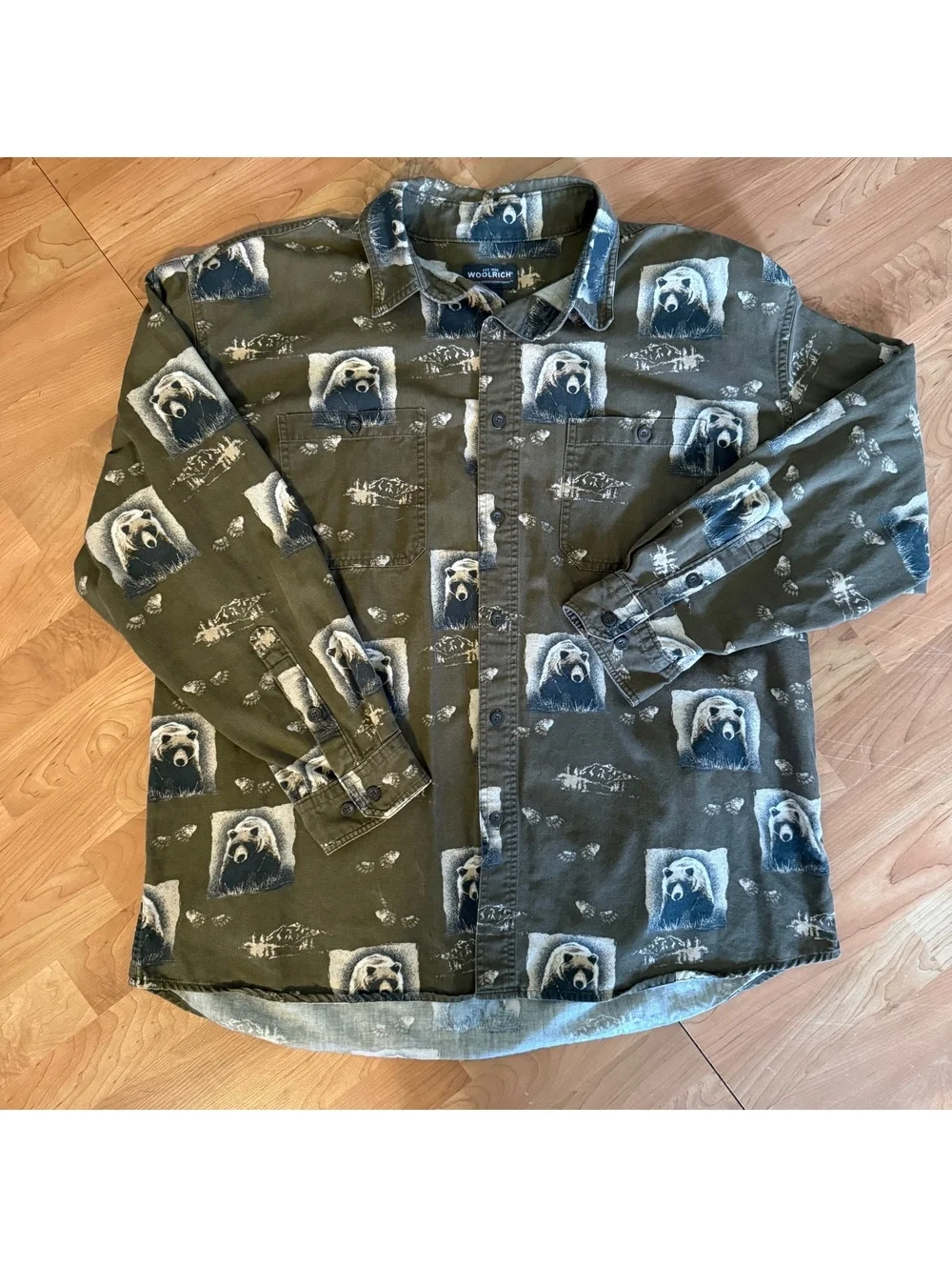 Woolrich Bear Print Button Up Shirt Mens XL Bark Bear Hunting Outdoors Cotton
